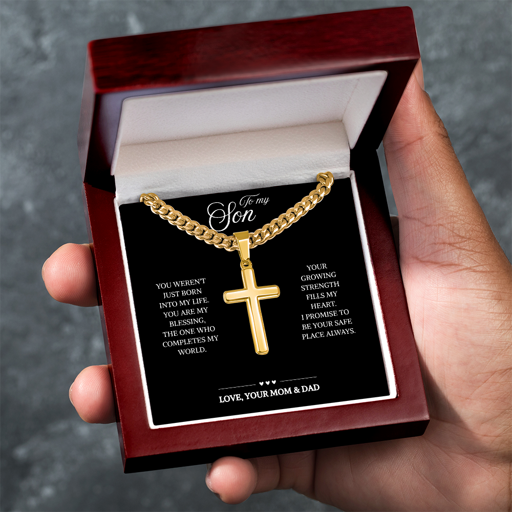 To My Son | Loved and Supported Always | Artisan Cross with Cuban Link Chain