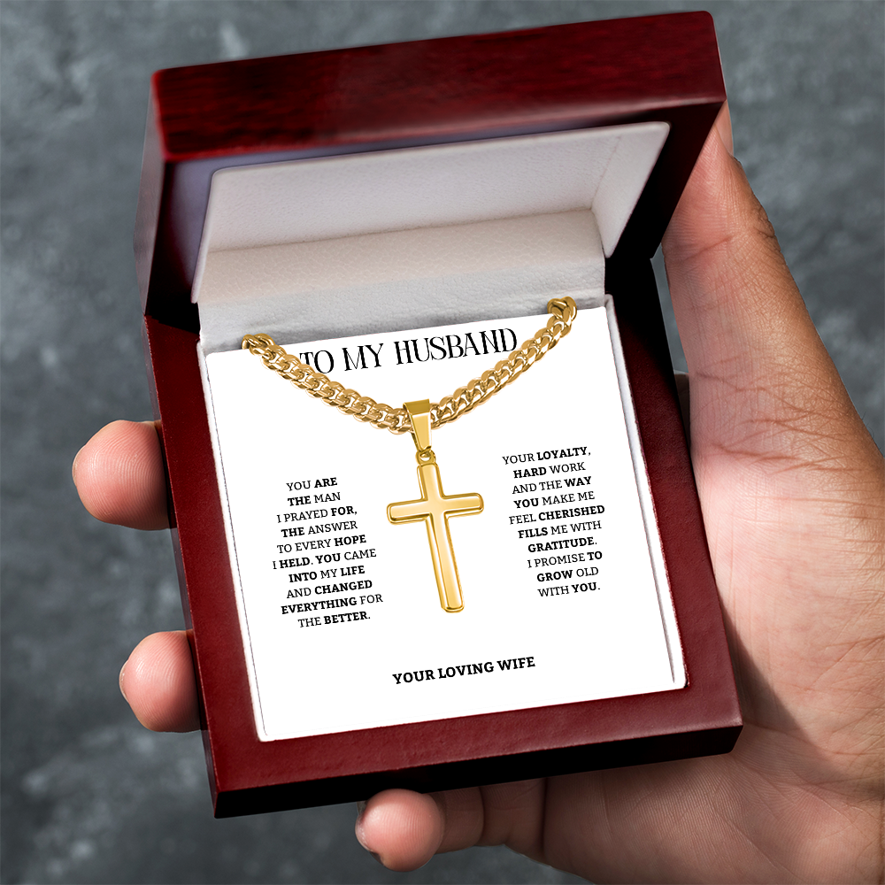 To My Husband | Cherished More Each Day | Artisan Cross with Cuban Link Chain