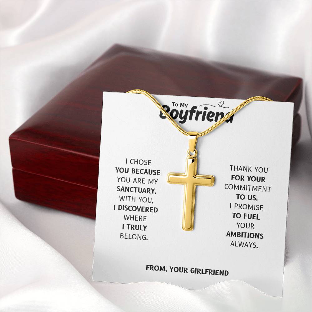 To My Boyfriend | My Safe Place Always | Artisan Cross Necklace with Snake Chain