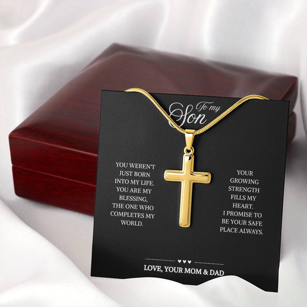 To My Son | Loved and Supported Always | Artisan Cross Necklace with Snake Chain