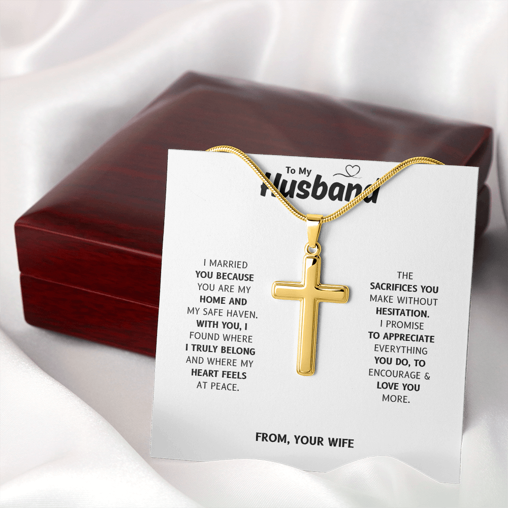 To My Husband | My Home and My Heart | Artisan Cross Necklace with Snake Chain