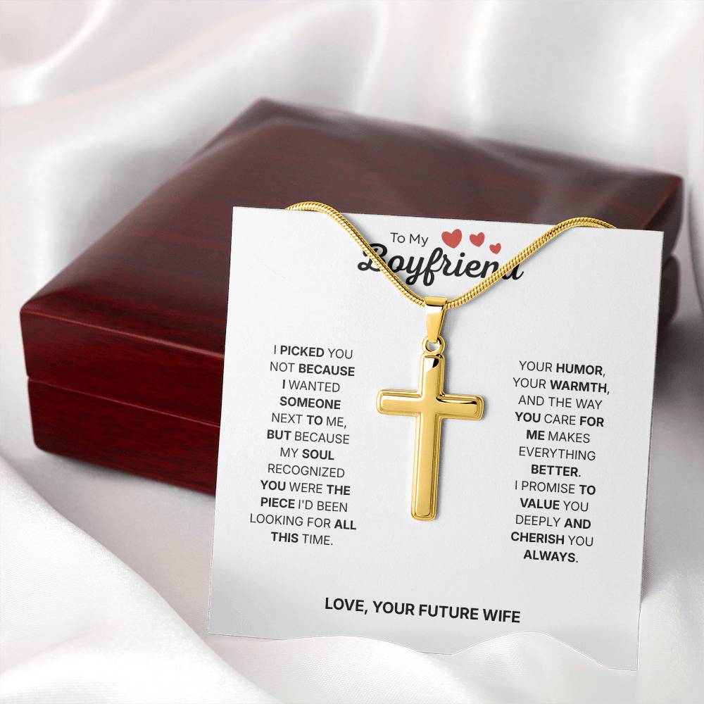 To My Boyfriend | Building Our Future Together | Artisan Cross Necklace with Snake Chain