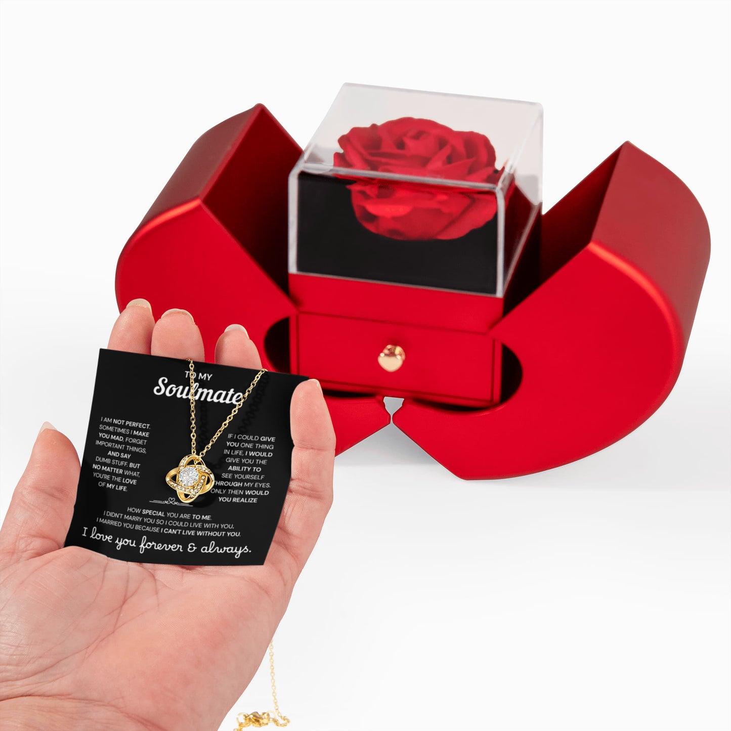 To My Soulmate | A Meaningful Love Gift | Love Knot Necklace with Red Heart Rose Box