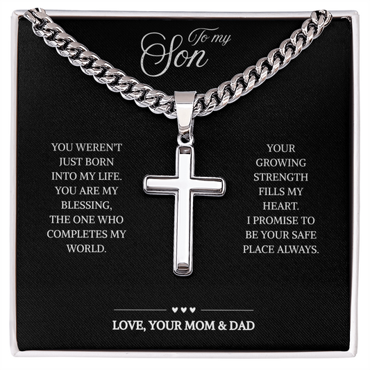 To My Son | Loved and Supported Always | Artisan Cross with Cuban Link Chain