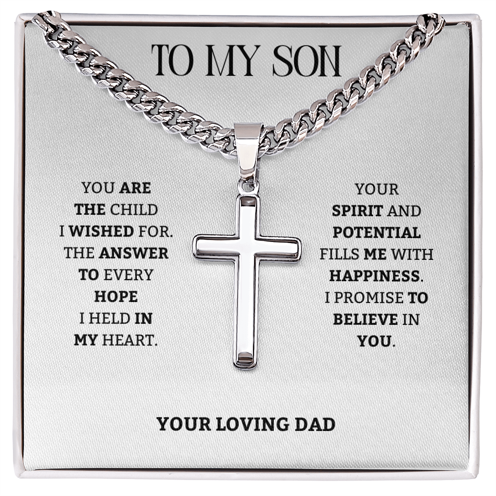 To My Son | Proud of the Man You're Becoming | Artisan Cross with Cuban Link Chain