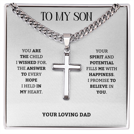 To My Son | Proud of the Man You're Becoming | Artisan Cross with Cuban Link Chain