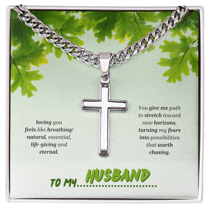 To My Husband | You Grow My World | Artisan Cross with Cuban Link Chain