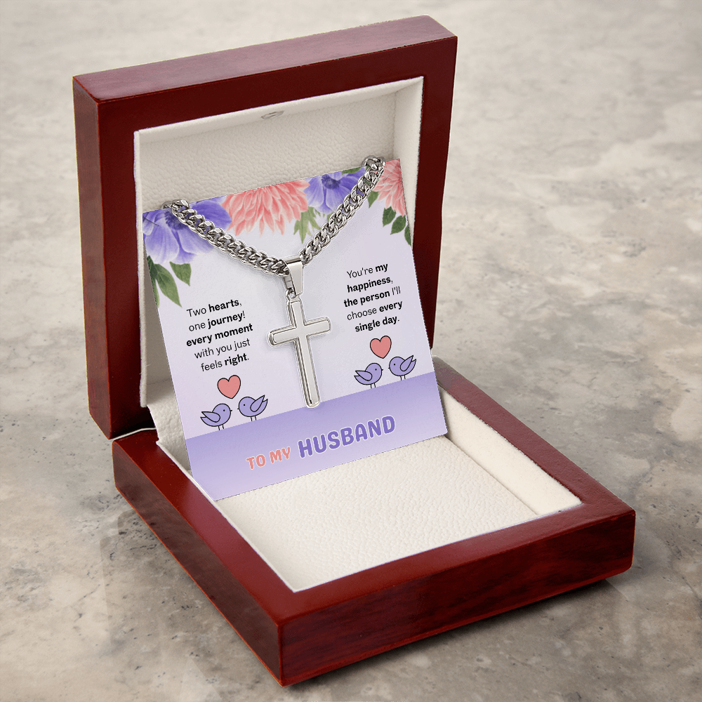 To My Husband | Two Hearts, One Journey | Artisan Cross with Cuban Link Chain