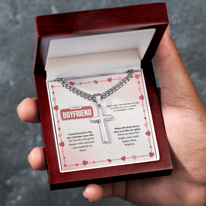 To My Boyfriend | Your Smile Makes Days Brighter | Artisan Cross with Cuban Link Chain
