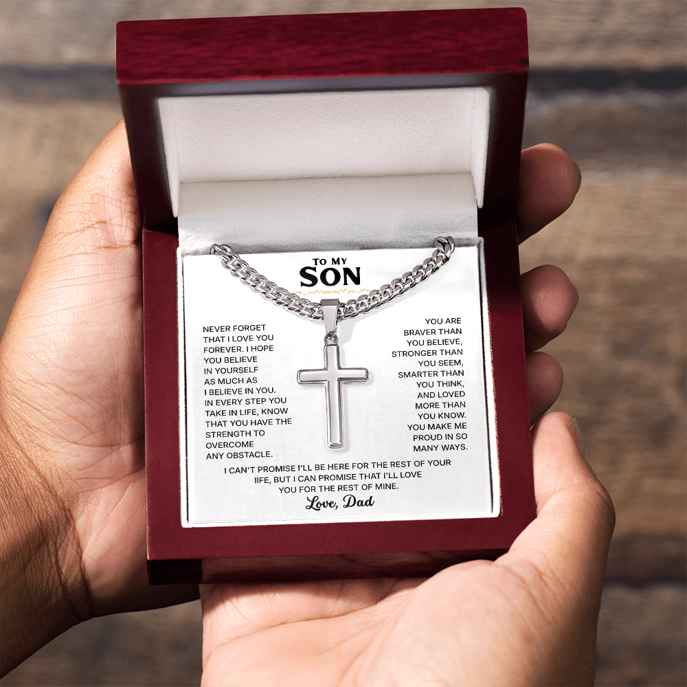 To My Son | Always Be Strong | Cross Necklace with Cuban Link Chain