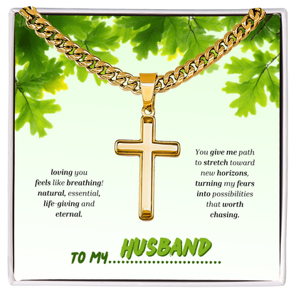 To My Husband | You Grow My World | Artisan Cross with Cuban Link Chain