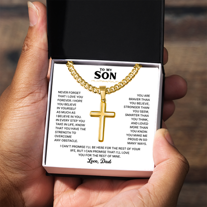 To My Son | Always Be Strong | Cross Necklace with Cuban Link Chain