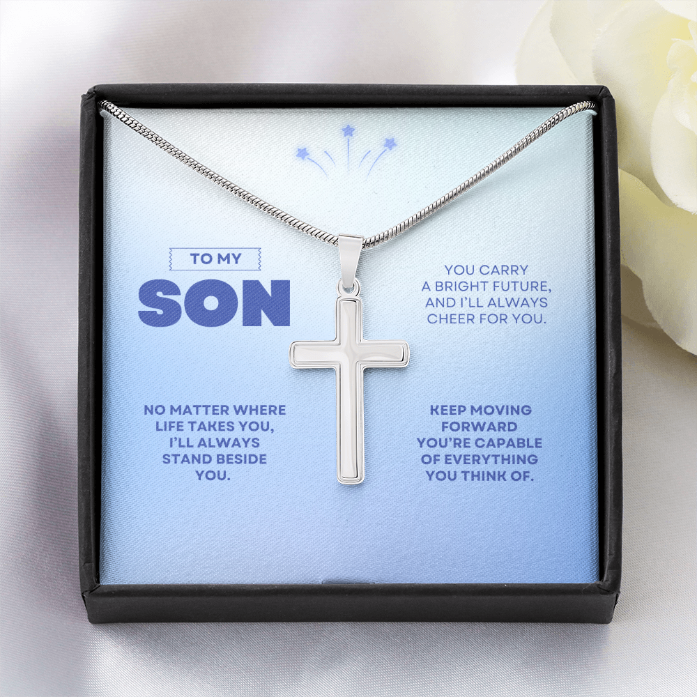 To My Son | You're Capable of Great Things | Artisan Cross Necklace with Snake Chain