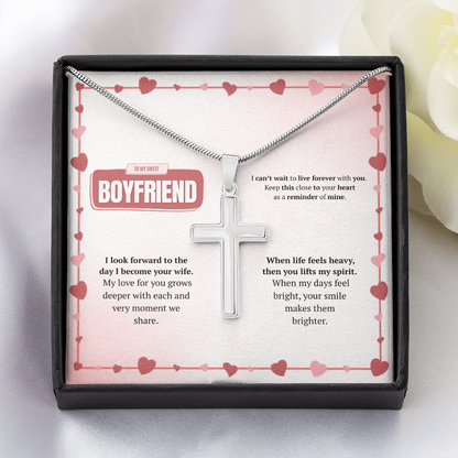 To My Boyfriend | Your Smile Makes Days Brighter | Artisan Cross Necklace with Snake Chain