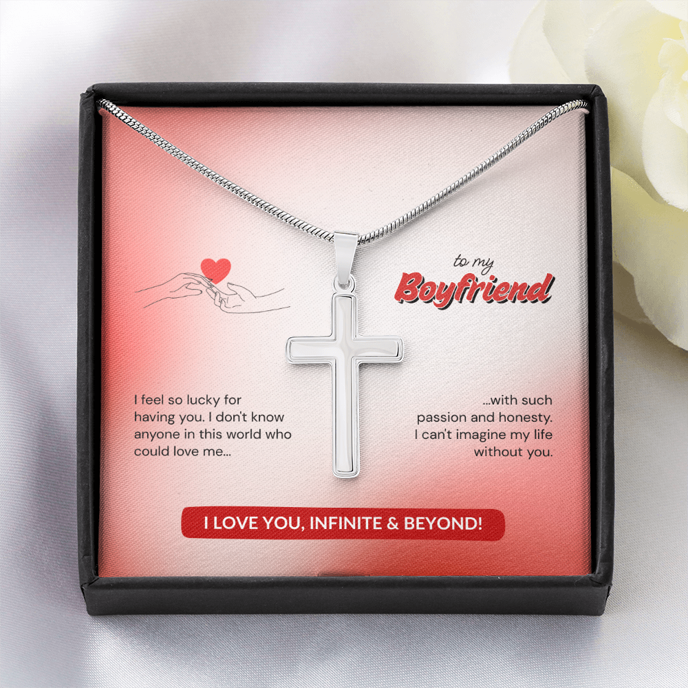 To My Boyfriend | Lucky to Have You | Artisan Cross Necklace with Snake Chain