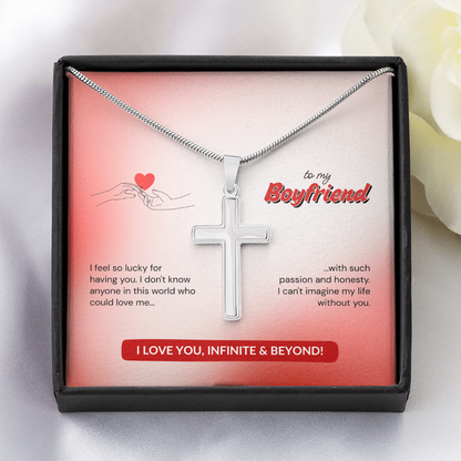 To My Boyfriend | Lucky to Have You | Artisan Cross Necklace with Snake Chain