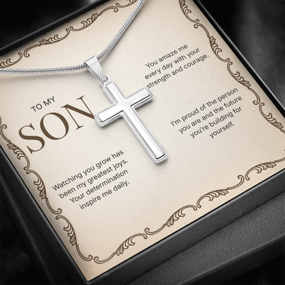 To My Son | Proud of Who You Are | Artisan Cross Necklace with Snake Chain
