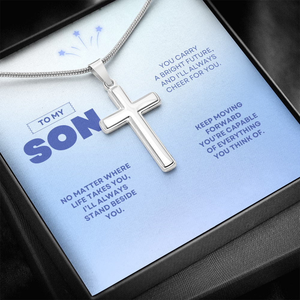 To My Son | You're Capable of Great Things | Artisan Cross Necklace with Snake Chain
