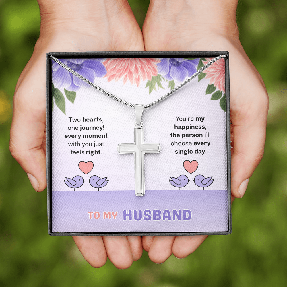 To My Husband | Two Hearts, One Journey | Artisan Cross with Snake Chain