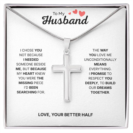 To My Husband | My Better Half Always | Artisan Cross Necklace with Snake Chain