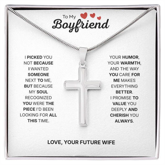 To My Boyfriend | Building Our Future Together | Artisan Cross Necklace with Snake Chain