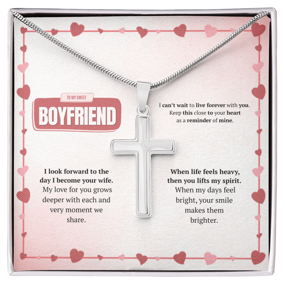 To My Boyfriend | Your Smile Makes Days Brighter | Artisan Cross Necklace with Snake Chain