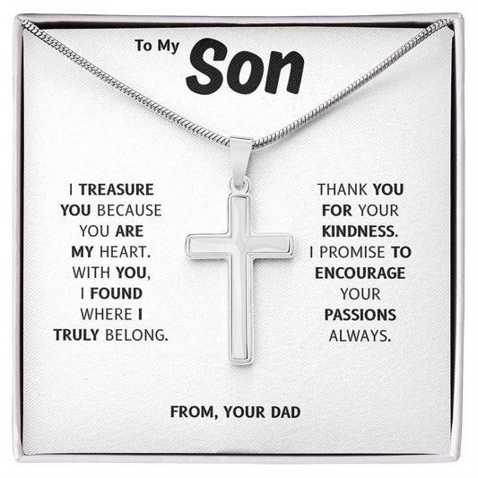 To My Son | You Are My Heart | Artisan Cross Necklace with Snake Chain
