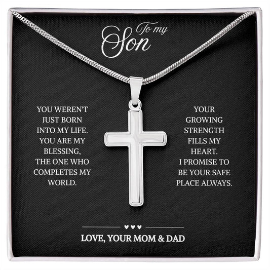 To My Son | Loved and Supported Always | Artisan Cross Necklace with Snake Chain