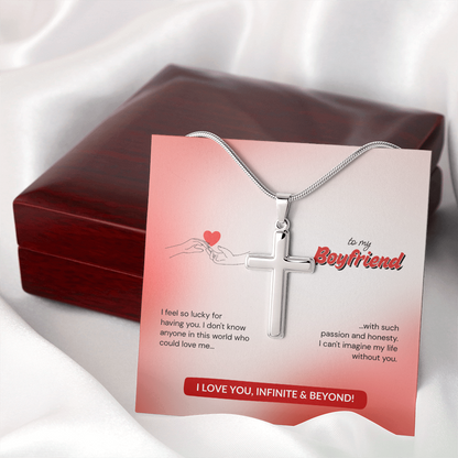 To My Boyfriend | Lucky to Have You | Artisan Cross Necklace with Snake Chain