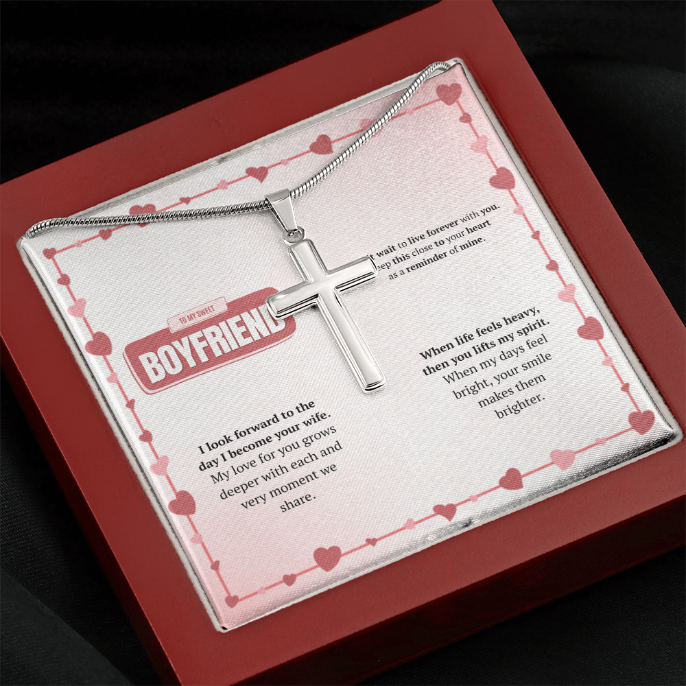 To My Boyfriend | Your Smile Makes Days Brighter | Artisan Cross Necklace with Snake Chain