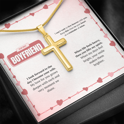 To My Boyfriend | Your Smile Makes Days Brighter | Artisan Cross Necklace with Snake Chain