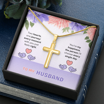 To My Husband | Two Hearts, One Journey | Artisan Cross with Snake Chain