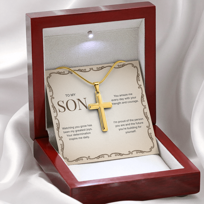 To My Son | Proud of Who You Are | Artisan Cross Necklace with Snake Chain