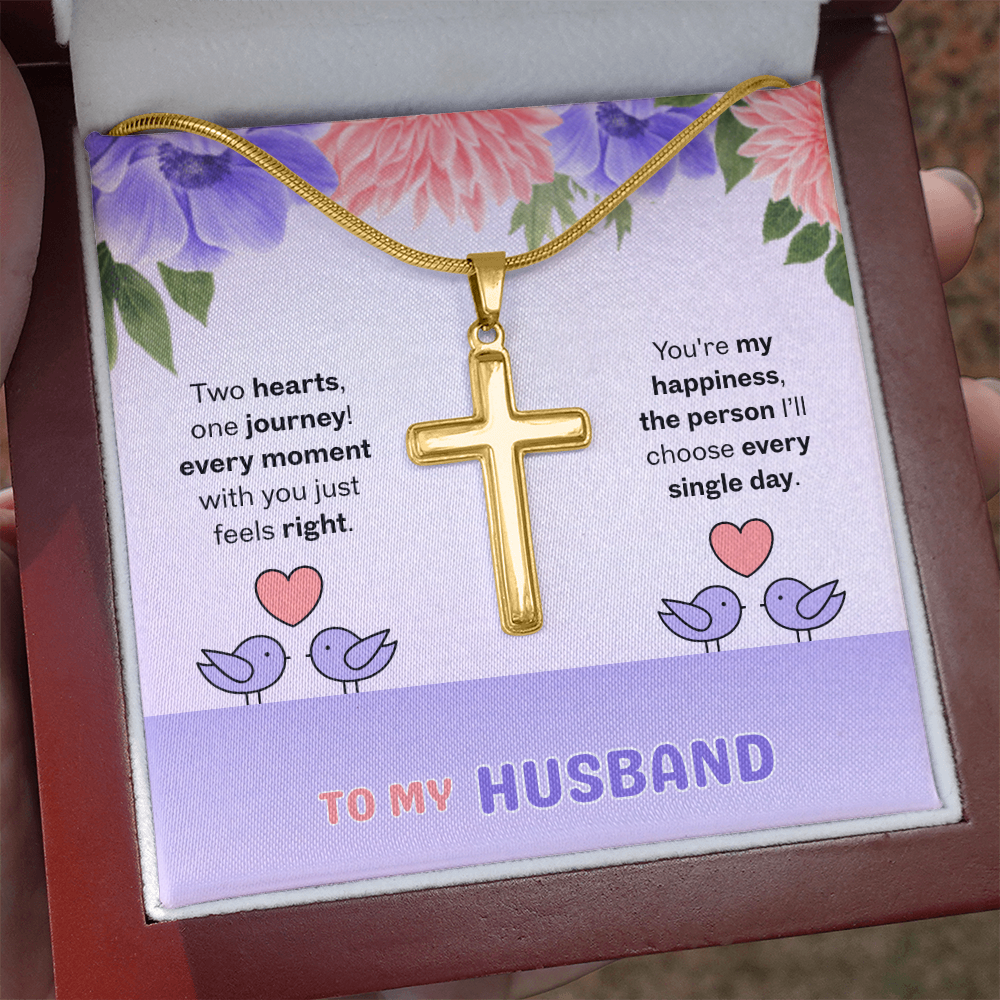 To My Husband | Two Hearts, One Journey | Artisan Cross with Snake Chain