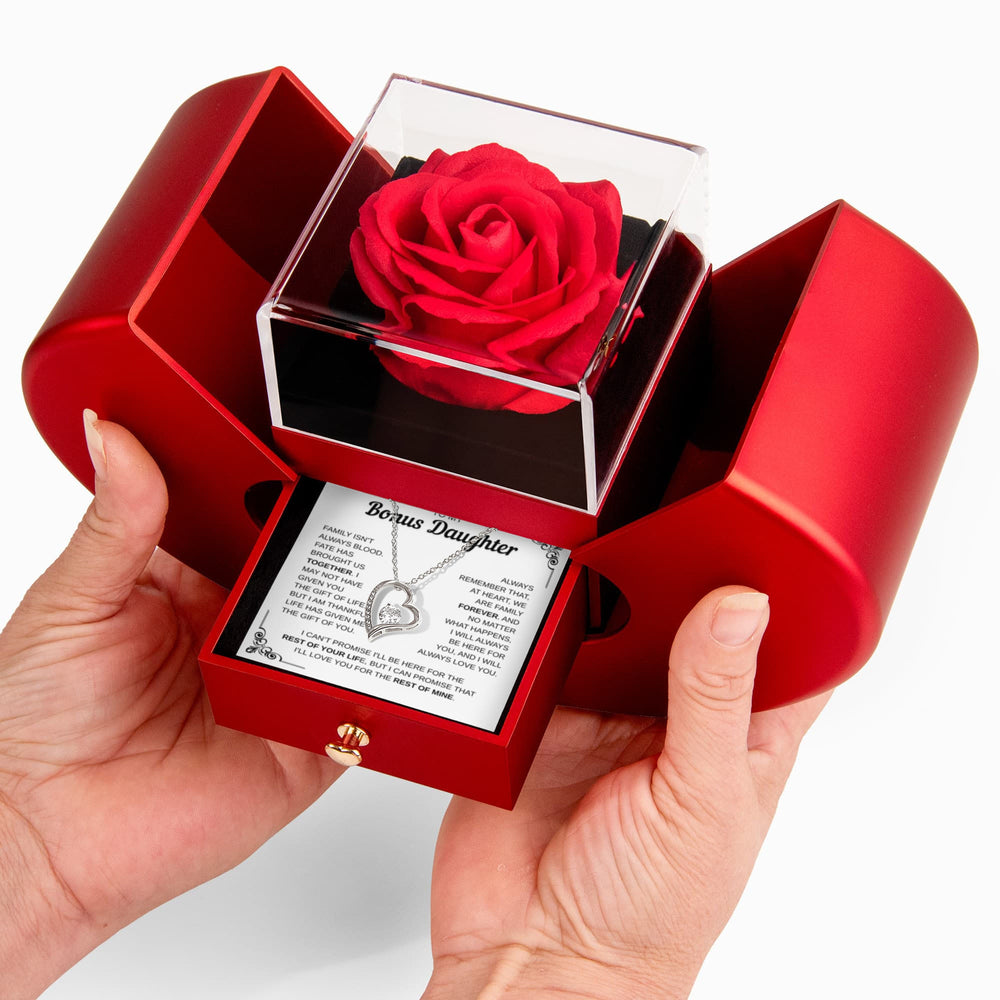 To My Bonus Daughter | Forever Part Of My Family | Forever Love Necklace with Red Heart Rose Box