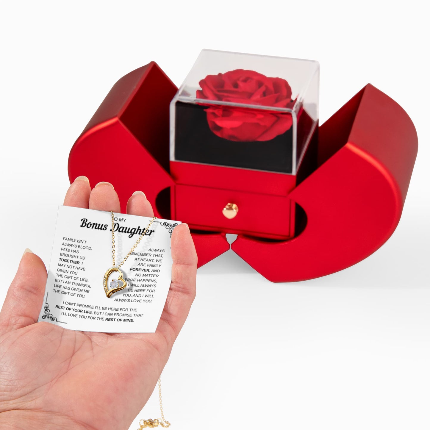 To My Bonus Daughter | Forever Part Of My Family | Forever Love Necklace with Red Heart Rose Box