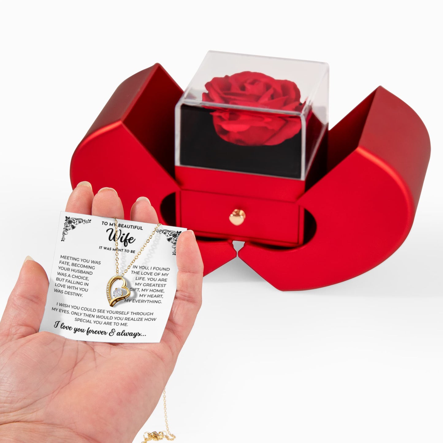 To My Beautiful Wife | It Was Meant to Be | Forever Love Necklace with Red Heart Rose Box
