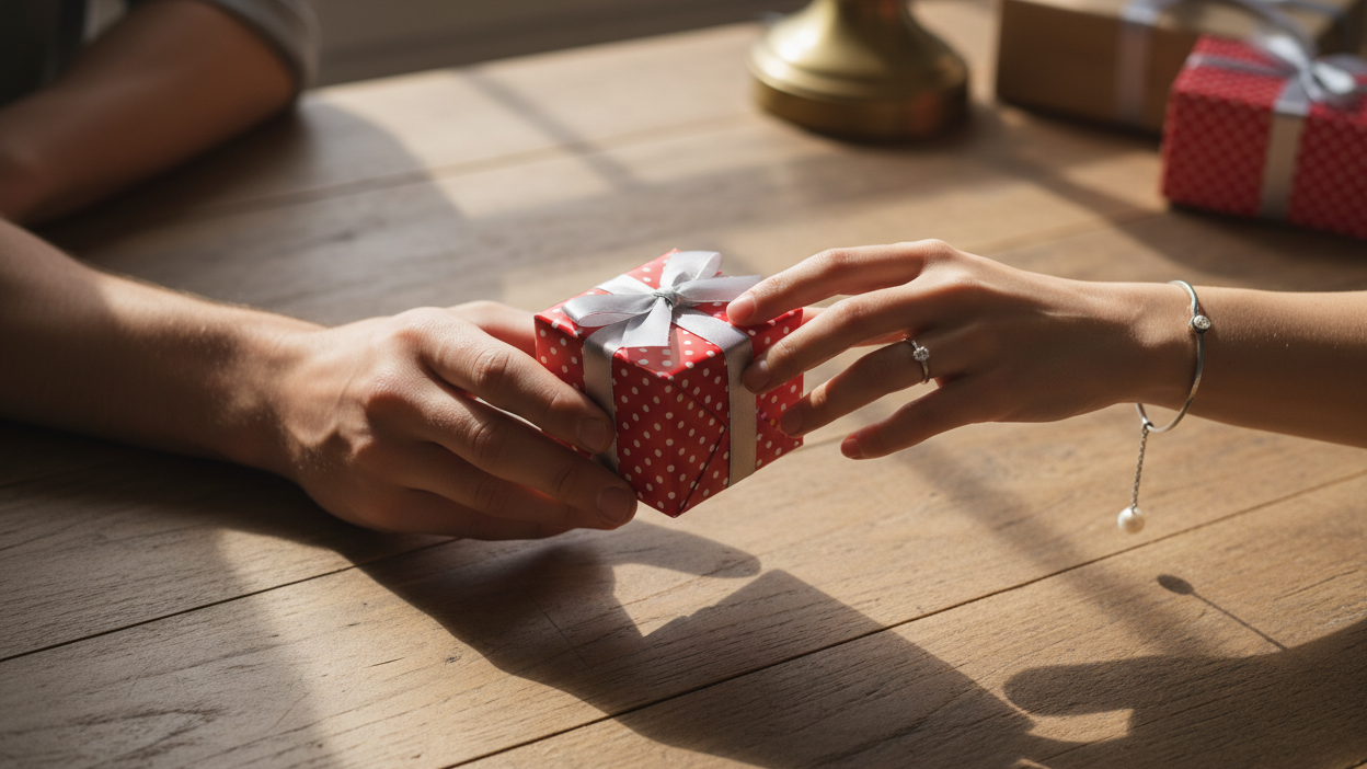 Create a realistic, high-angle photo of a gift exchange. One young adult male hand is giving a small red gift box with white polka dots and a silver ribbon to a young adult female hand. The hands should look smooth and youthful. The male hand should be simple and natural, and the female hand should be wearing a delicate ring. Add a simple, elegant bracelet on one of the hands (female). Keep the same style, colors, and mood as a natural gifting moment. The background should be a wooden table